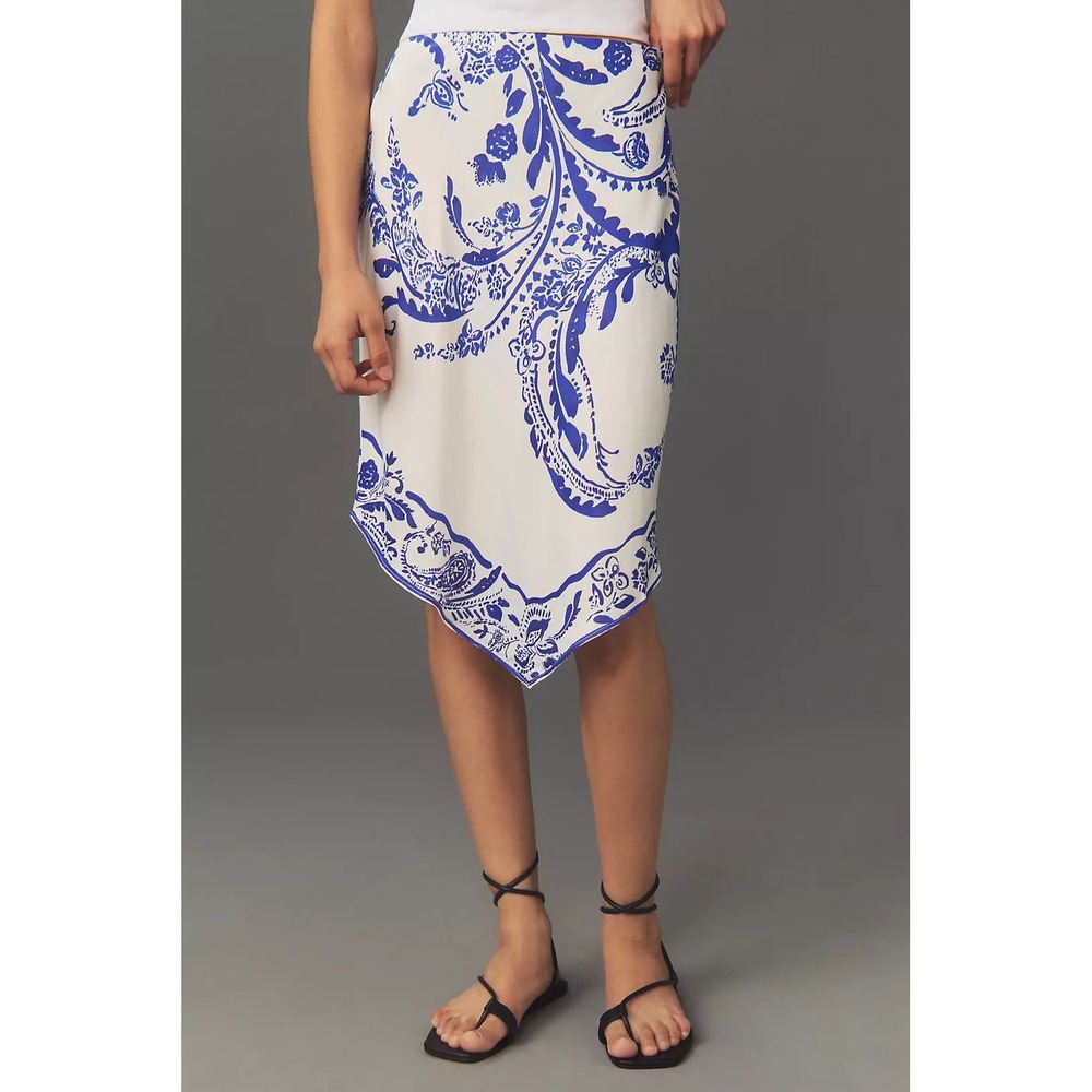 Anthropologie Maeve Silky Hanky Hem Midi Skirt Large Blue White Paisley Print
